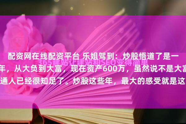 配资网在线配资平台 乐姐驾到：炒股悟道了是一种什么体验？入市10年，从大负到大富，现在资产600万，虽然说不是大富大贵，但是对于普通人已经很知足了。炒股这些年，最大的感受就是这市场专治各种不服。刚开始那会儿觉得自己...